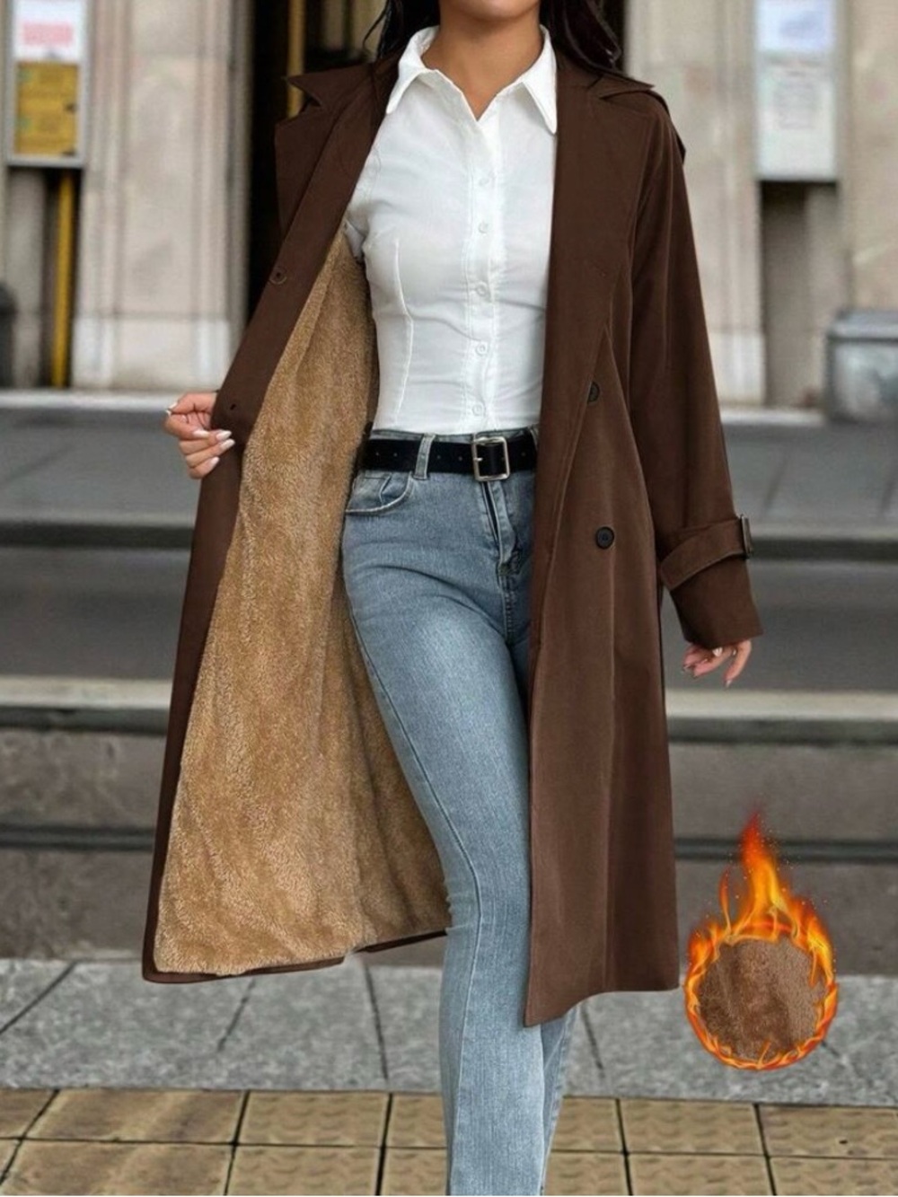 Women's Brown Double-Breasted Trench Coat with Belt - Picture 2 of 3